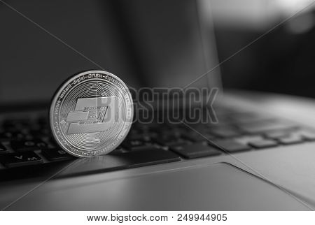 Dash Coin Symbol On Laptop. Concept Financial Currency, Crypto Currency Sign. Blockchain Mining. Dig
