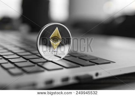 Ethereum Coin Symbol On Laptop, Future Concept Financial Currency, Crypto Currency Sign. Blockchain 