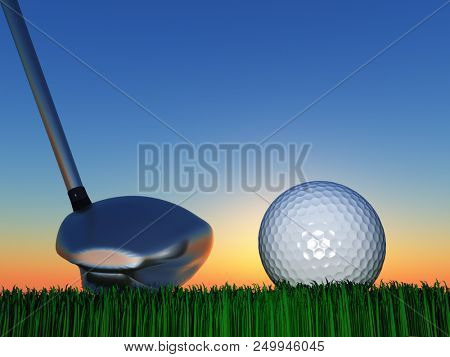 Golf club and ball on green grass. 3D rendering
