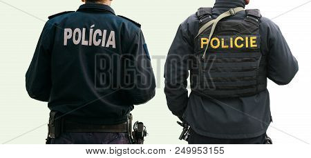 Isolated On White Background A Set Of Policemen With Their Backs With Special Clothing With The Insc