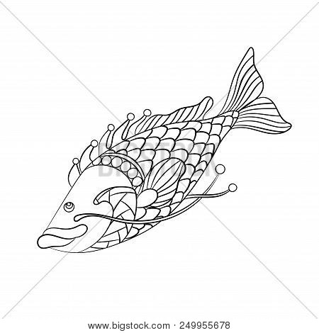 Fish In Coloring Page For Childrean And Adults In Ornamental Graphic Vector Illustration