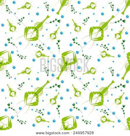 Seamless Seafood Pattern With Langoustine. River Lobster, Shrimp, Crayfish Or Crustacean Delicacies.