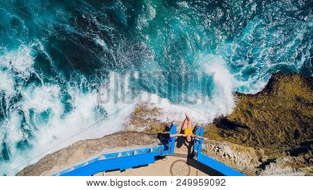 Aerial View Of Papakolea Green Sand Beach, Mahana Point Surf Place Young Woman In Broken Beach