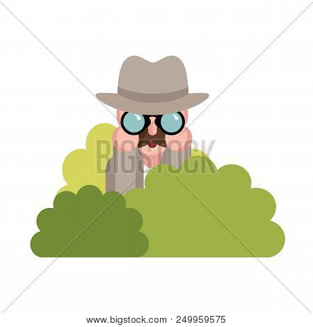 Detective Character Looking Through Binoculars From Bush. Spying Concept. Vector Stock.