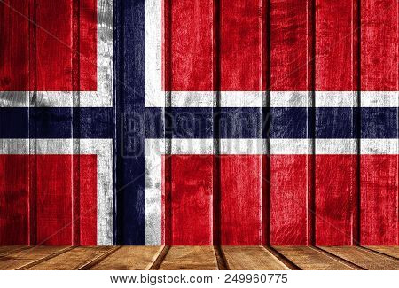 Wooden Background With A Flag Of Norway. There Is A Place For Your Text In The Photo.