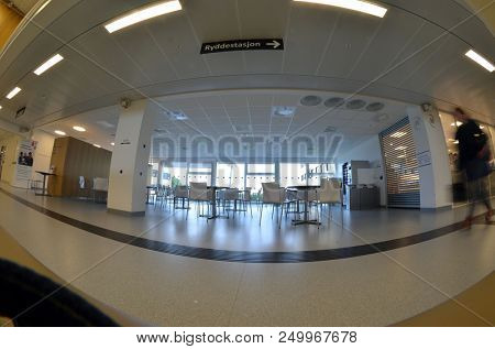 View of architecture of the Ostfold Regional Hospital. Interior. June 17,2018. Osfold Region, Norway