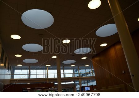 View of architecture of the Ostfold Regional Hospital. Interior. June 17,2018. Osfold Region, Norway