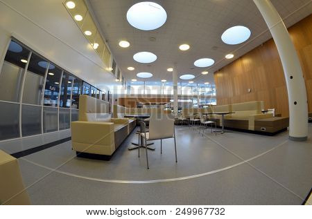 View of architecture of the Ostfold Regional Hospital. Interior. June 17,2018. Osfold Region, Norway