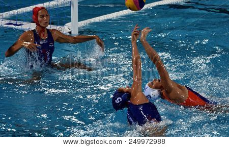 Budapest, Hungary - Jul 20, 2017. Szucs Gabriella (hun) And Genee Dagmar (ned) Fights For Ball In Th