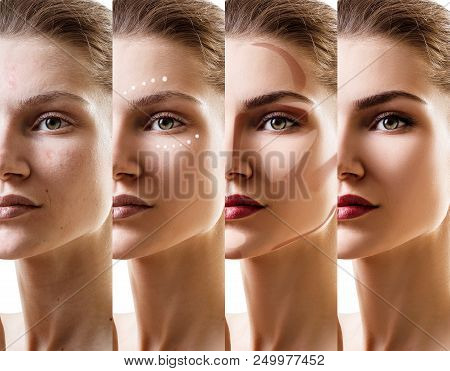 Young Woman Applying Make-up Step By Step. Before And After Make-up.