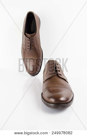 Afife, Portugal, April 9, 2018: Innovation Leather Shoe . Innovation Is A Portuguese Company That Bu
