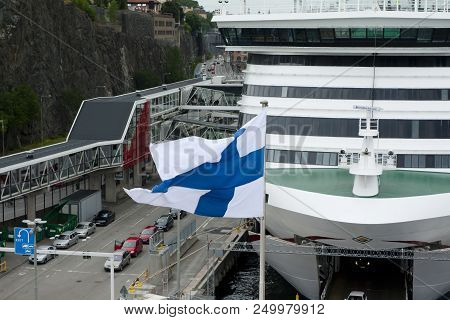 Finnish Flag On Ferry Viking Line Backgroud. June 20, 2018, Stockholm Sweden