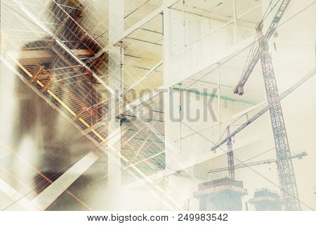 Exploitation Of Workers In Construction Industry, Conceptual Double Exposure Image With Silhouette O