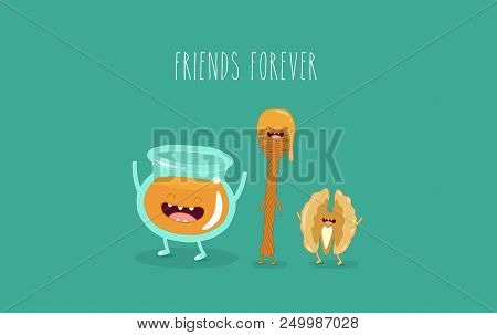 Honey And Walnuts Friends Rejoice And Laugh. Vector Illustration.