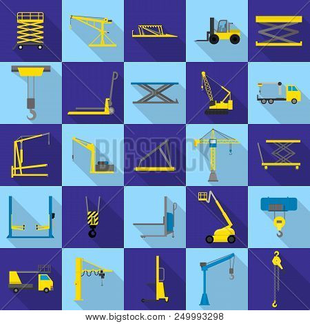 Lifting Machine Equipment Icons Set. Flat Illustration Of 25 Lifting Machine Equipment Cargo Vector 