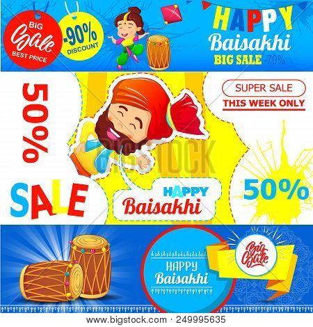 Baisakhi Festival Sales Market Harvest Bhangra Banner Concept Set. Cartoon Illustration Of 3 Baisakh