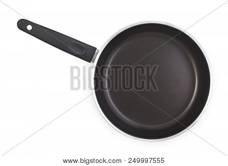 Black Frying Pan With Nonstick Surface Isolated On White Background, Close-up, Top View.