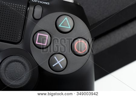 Russia, Oktober 24 2019: The New Sony Dualshock 4 With Playstation 4. Sony Playstation 4 Game Consol