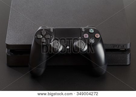 Russia, Oktober 24 2019: The New Sony Dualshock 4 With Playstation 4. Sony Playstation 4 Game Consol