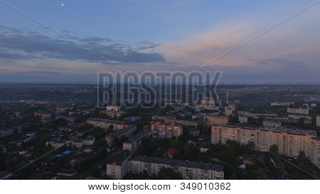Aerial View Of Sunset In Zhytomyr City, Ukraine. Great Sunrise Scene. Fantastic Landscape.
