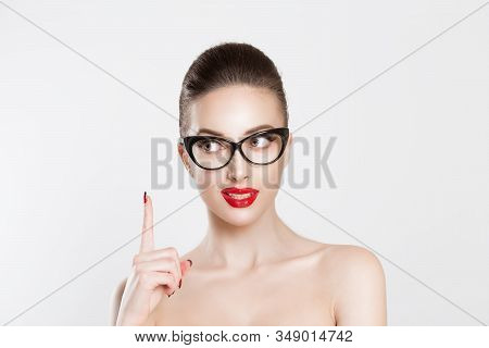 Thinking Girl Having Idea. Closeup Portrait Intelligent Cute Young Woman In Eyeglasses Who Just Came