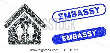 Mosaic Toilet Building And Rubber Stamp Seals With Embassy Caption. Mosaic Vector Toilet Building Is