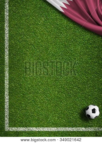 Soccer field corner, ball and Qatar flag 3d illustration
