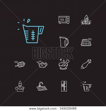 Kitchen Icons Set. Pepper Mill And Kitchen Icons With Gas Burner, Baking Sheet And Water Jug. Set Of