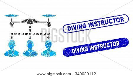 Mosaic Drone Clients Connection And Corroded Stamp Seals With Diving Instructor Text. Mosaic Vector 