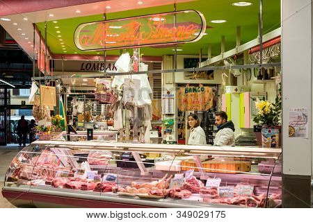 Florence, Italy - 12, March, 2018: Horizontal Picture Of Beautiful Meat Store At Mercato Centrale Fi