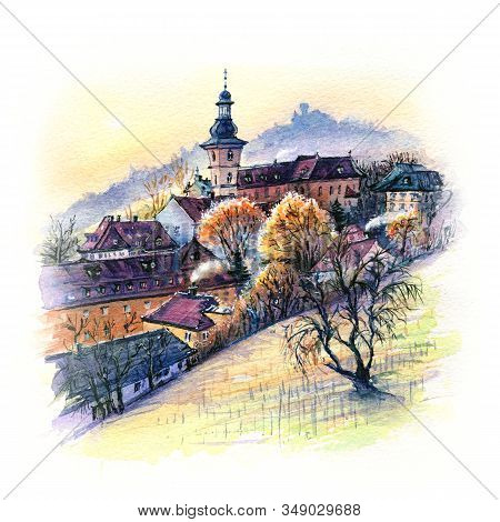Watercolor Travel Sketch Of Old Town Of Bamberg With Church And Vineyard, Bavaria, Southern Germany