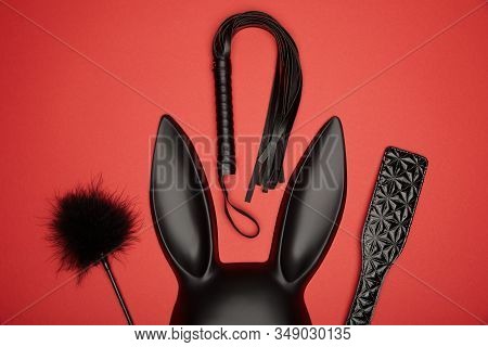 Top View Of Black Rabbit Mask, Paddle, Feather Tickler And Flogging Whip Isolated On Red