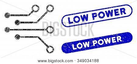 Mosaic Electric Circuit And Corroded Stamp Seals With Low Power Text. Mosaic Vector Electric Circuit