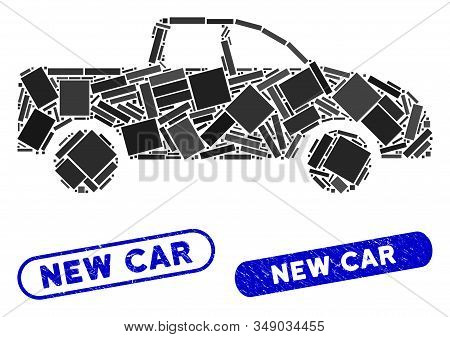 Mosaic Pickup Car And Rubber Stamp Seals With New Car Text. Mosaic Vector Pickup Car Is Designed Wit