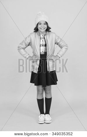 Vacation Time. Get Knowledge Of Style. Pleasant Smile Of Little Schoolgirl. Cheerful Child Yellow Wa
