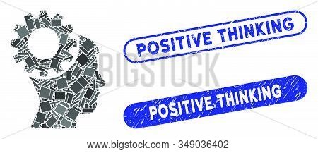 Mosaic Thinking Gear And Grunge Stamp Seals With Positive Thinking Caption. Mosaic Vector Thinking G
