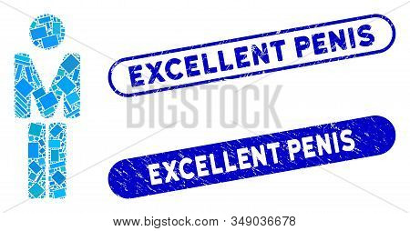 Mosaic Man And Rubber Stamp Seals With Excellent Penis Phrase. Mosaic Vector Man Is Formed With Scat