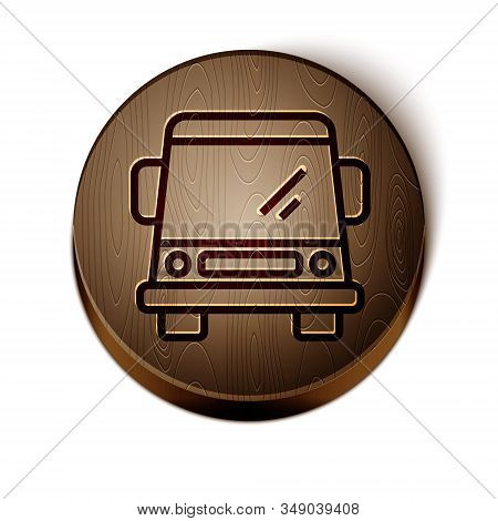 Brown Line Car Icon Isolated On White Background. Front View. Wooden Circle Button. Vector Illustrat