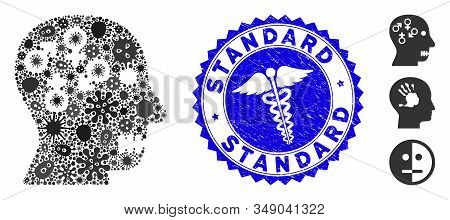 Virus Mosaic Psychosexual Disorder Icon And Round Rubber Stamp Seal With Standard Caption And Caduce