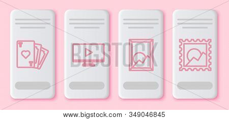 Set Line Playing Card With Heart Symbol, Online Play Video, Picture Landscape And Picture Landscape.