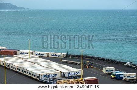 Kahului, Maui,, Hawaii, Usa. - January 13, 2020: Matson Shipping Container Yard Filled With White Bo
