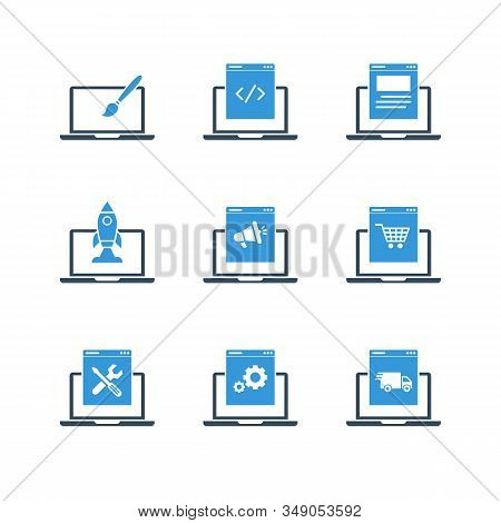 Laptop Programming Icons Set Programmer Developer Stock Colored Filled Icon Set Vector