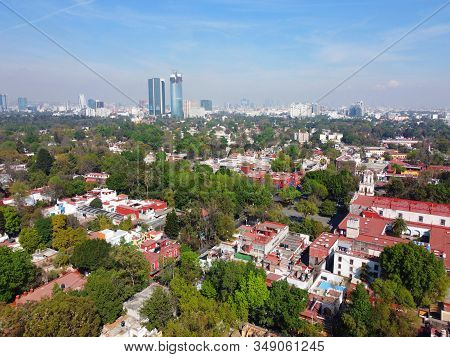 Historic Center Of Villa Coyoacan Aerial View In Mexico City Cdmx, Mexico.