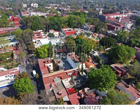 Historic Center Of Villa Coyoacan Aerial View In Mexico City Cdmx, Mexico.