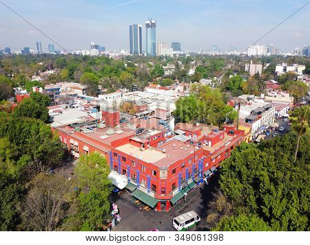 Historic Center Of Villa Coyoacan Aerial View In Mexico City Cdmx, Mexico.