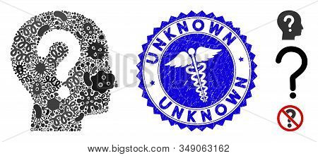 Infected Mosaic Unknown Icon And Round Distressed Stamp Seal With Unknown Text And Medic Symbol. Mos