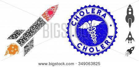 Flu Mosaic Missile Launch Icon And Rounded Distressed Stamp Seal With Cholera Phrase And Clinic Icon