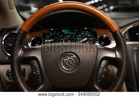 Novosibirsk, Russia - December 29, 2019:   Buick Enclave, Close-up Of The Dashboard, Speedometer, Ta