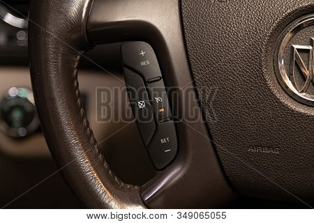 Novosibirsk, Russia - December 29, 2019:   Buick Enclave, New Black Steering Wheel With Multifunctio