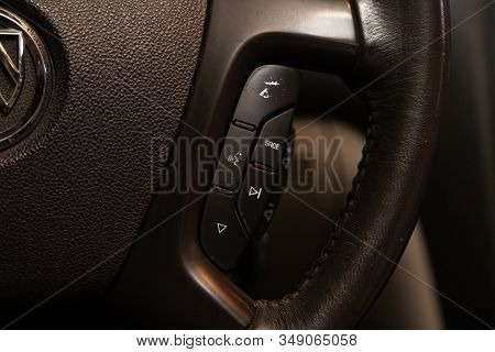 Novosibirsk, Russia - December 29, 2019:   Buick Enclave, New Black Steering Wheel With Multifunctio